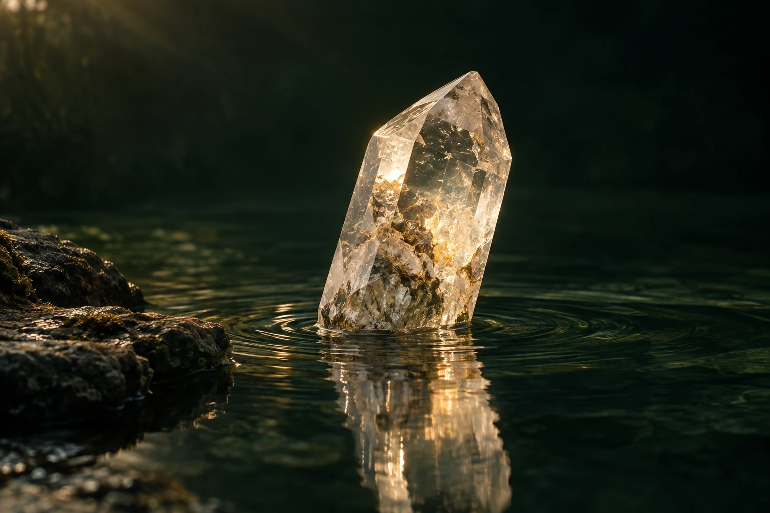 A quartz crystal catching warm light above its reflection in still water