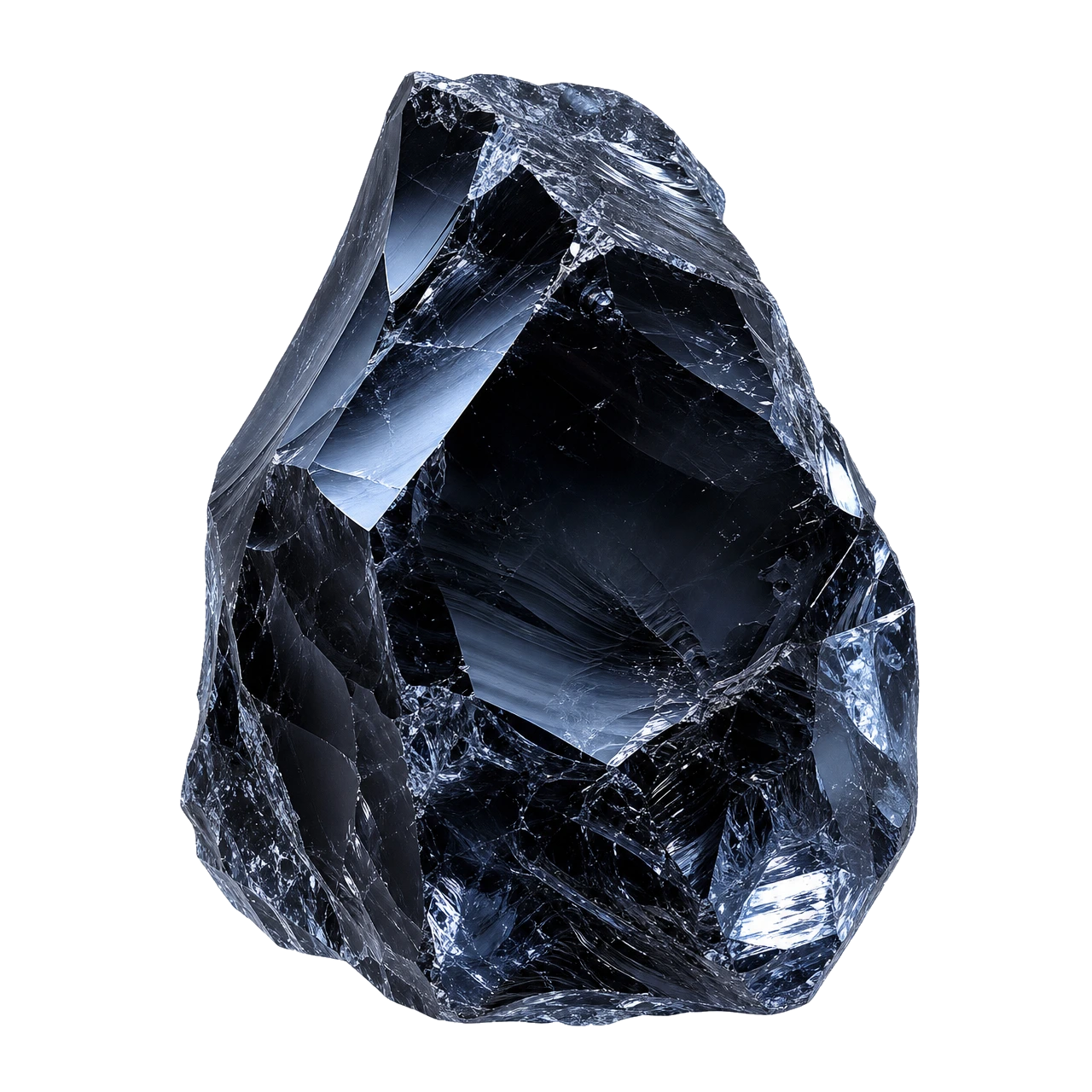Reference illustration: grouped rough black obsidian fragments with glossy conchoidal fracture surfaces.