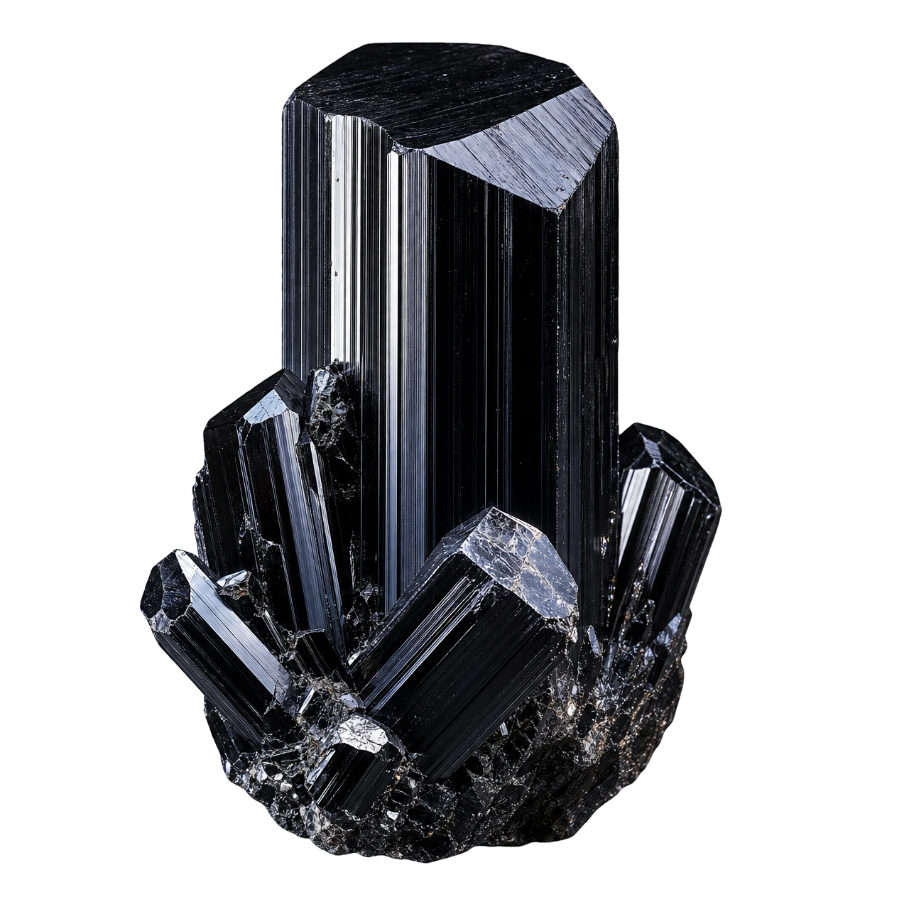 Reference illustration: natural black schorl tourmaline cluster with strongly striated prismatic crystals.