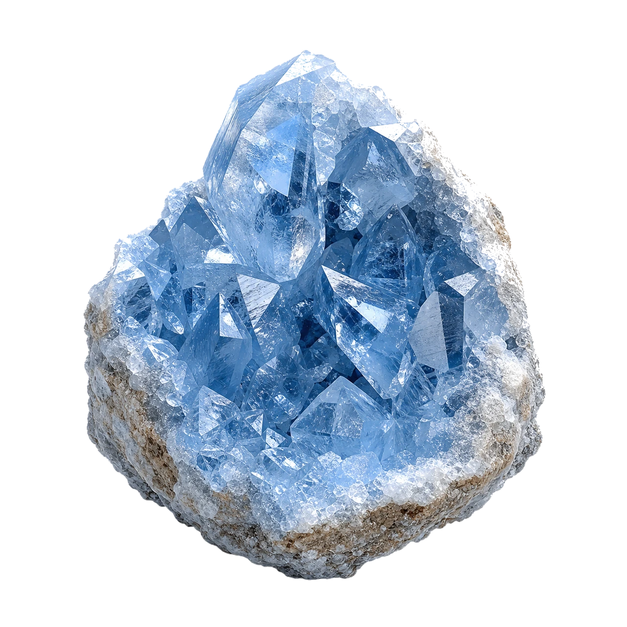 Reference illustration: natural celestite cluster with pale blue orthorhombic crystals in a light matrix cavity.