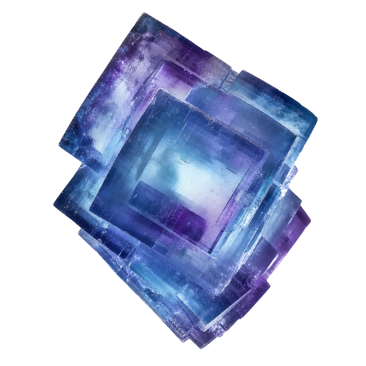 Reference illustration: natural fluorite cluster with translucent purple and green cubic crystals on matrix.