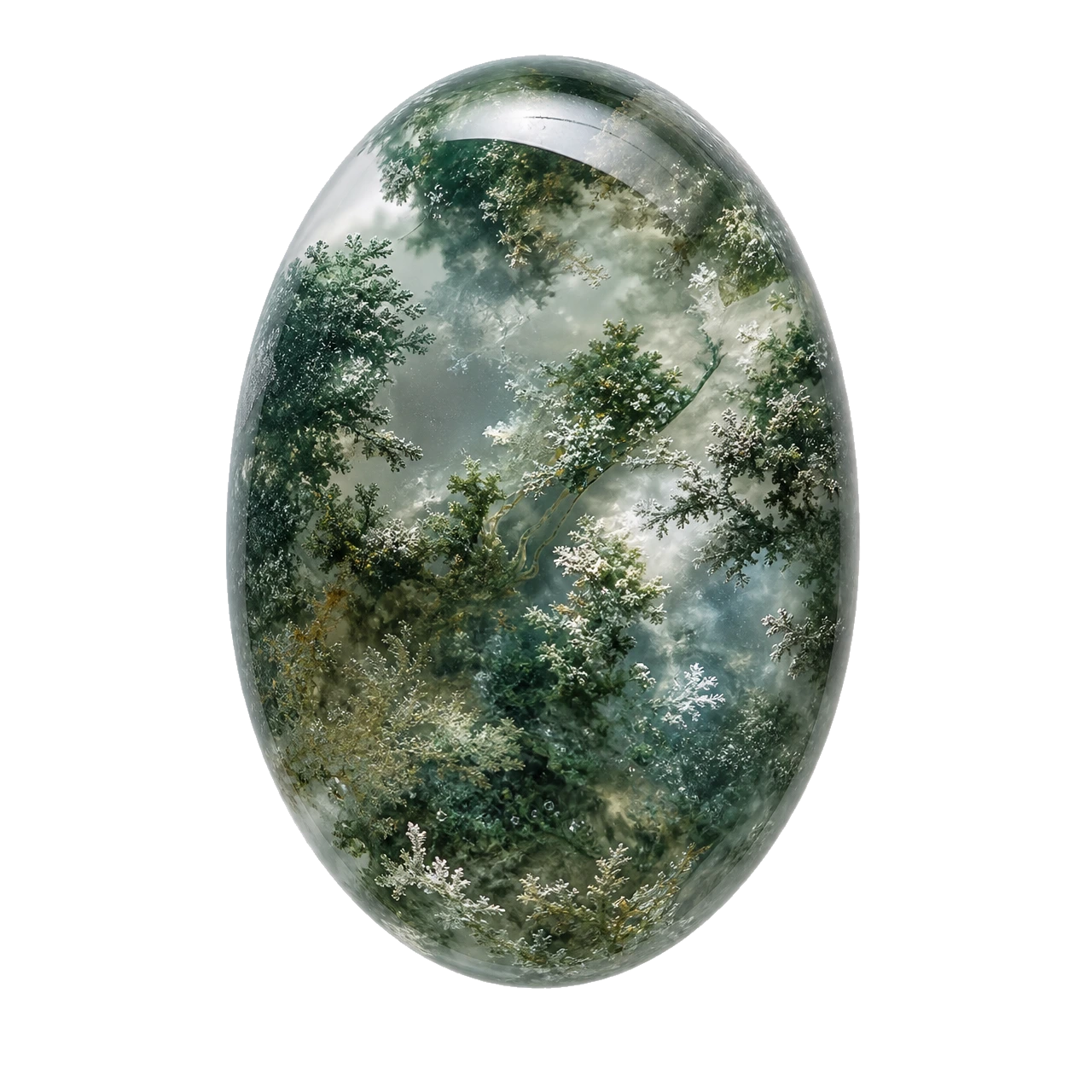 Reference illustration: grouped rough moss agate with translucent chalcedony and green dendritic inclusions.