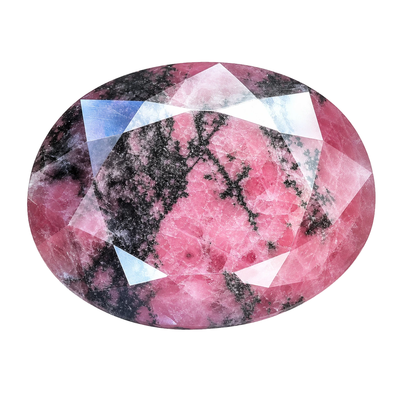 Reference illustration: grouped rough rhodonite with natural pink massive material and black manganese-oxide veins.