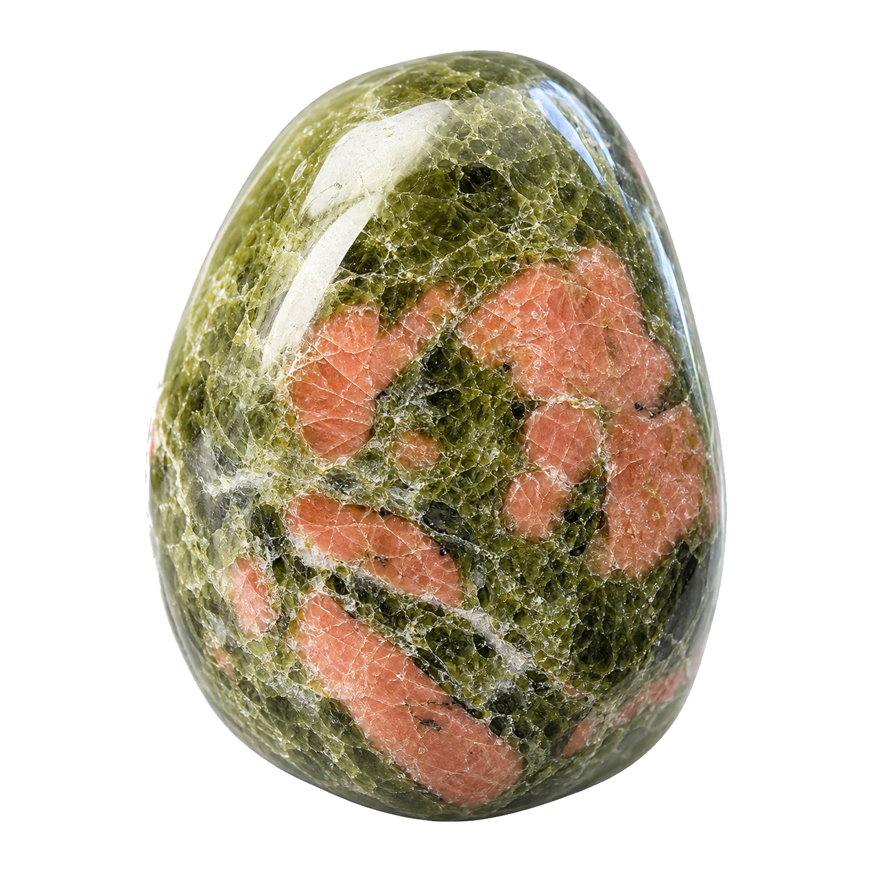 Reference illustration: grouped rough unakite with mottled pink feldspar, green epidote, and quartz.